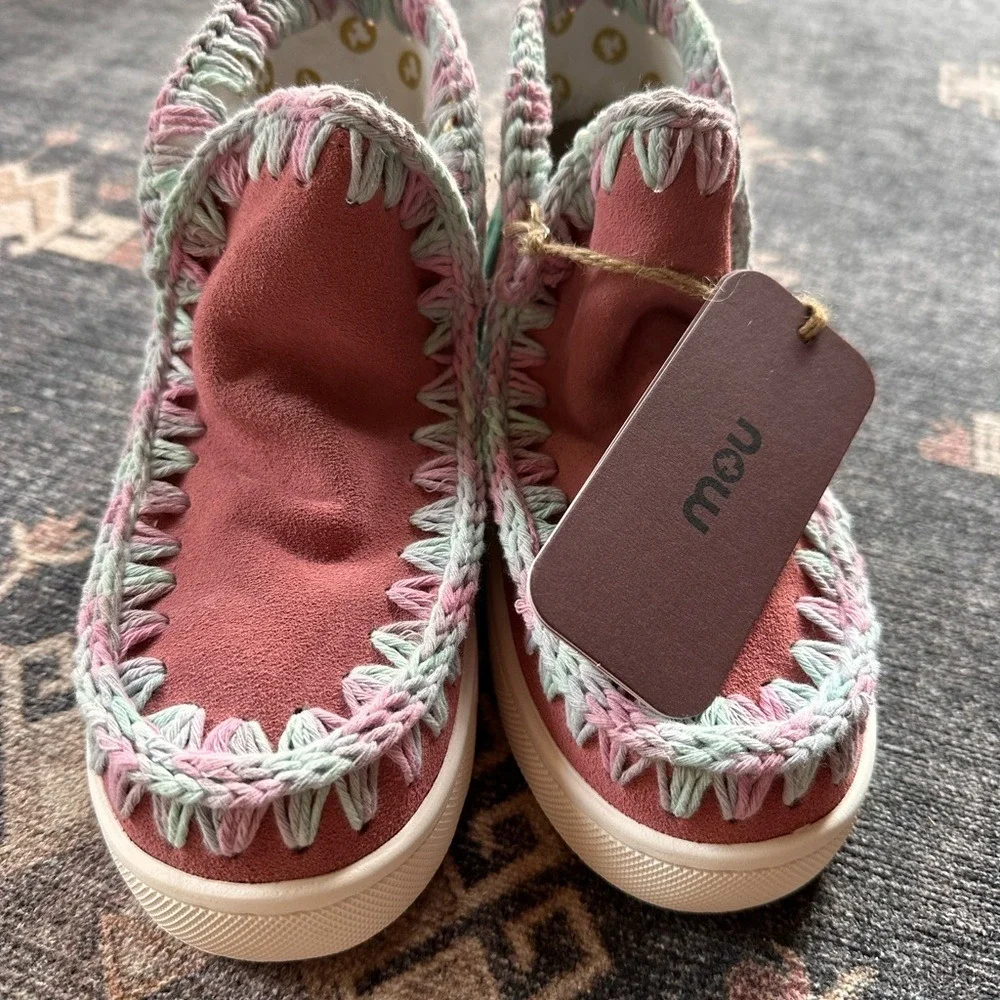 Mou Boots Summer Eskimo Sneaker Pink Teal Crochet Stitching‎ Girls 1.5 EU 34 NWT